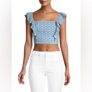 BCBGENERATION
Floral-Print Ruffle-Trim Crop Top Sz M